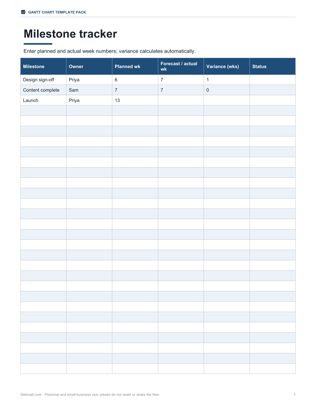 Preview of the first page of Milestone tracker (XLSX)